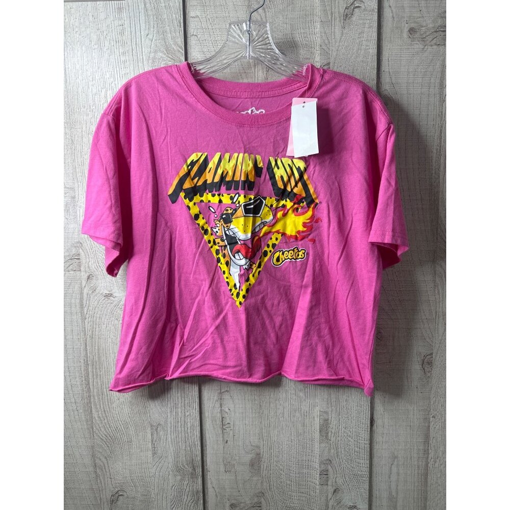 Cheetos Cheetah Flamin Hot Graphic Pink Crop Tee Shirt Womens Medium